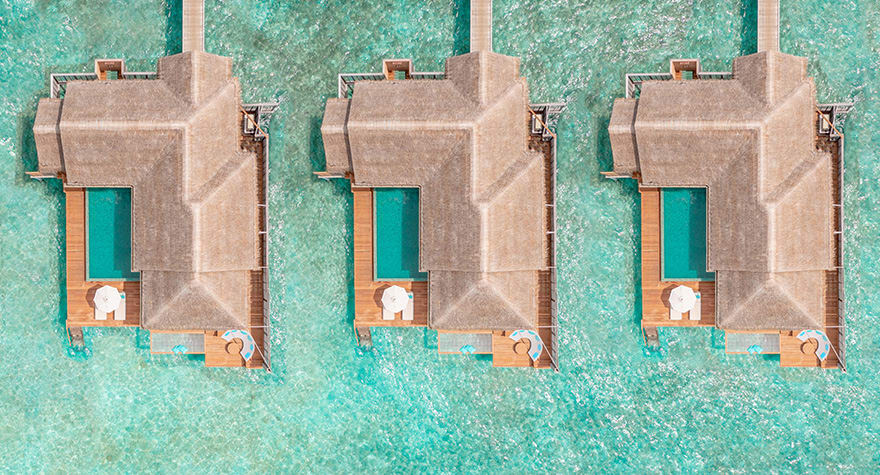 One Bedroom Family Over Water Pool Villa Aerial View at Anantara Kihavah Maldives Villas