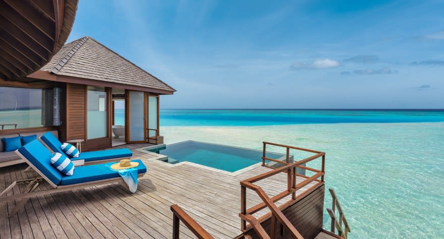 Over Water Pool Suite Villa Deck with Loungers at Anantara Dhigu Maldives Resort