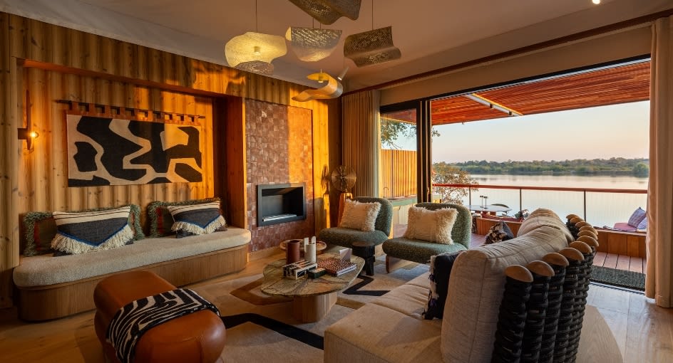 Lounge of Pool Villa with river view at Anantara Tented Camp Kafue River