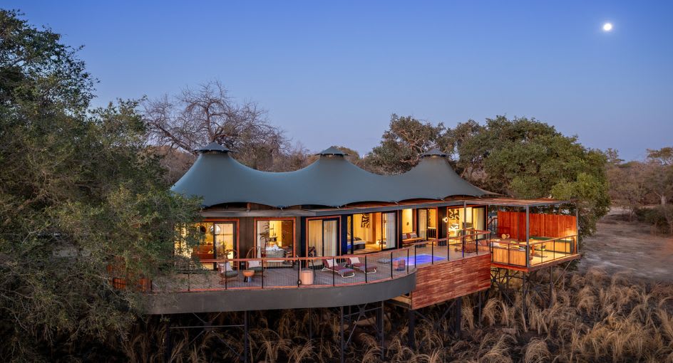 Exterior of luxury safari tent at Anantara Tented Camp Kafue River