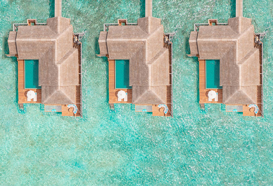 One Bedroom Family Over Water Pool Villa Aerial View at Anantara Kihavah Maldives Villas