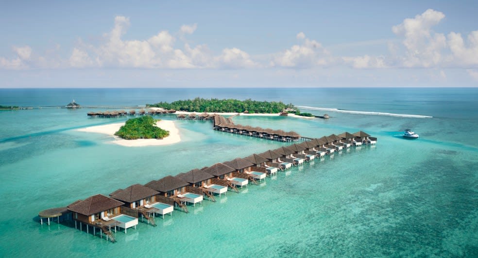 Aerial Island View of Anantara Veli Maldives Resort - an adults-only resort in the Maldives