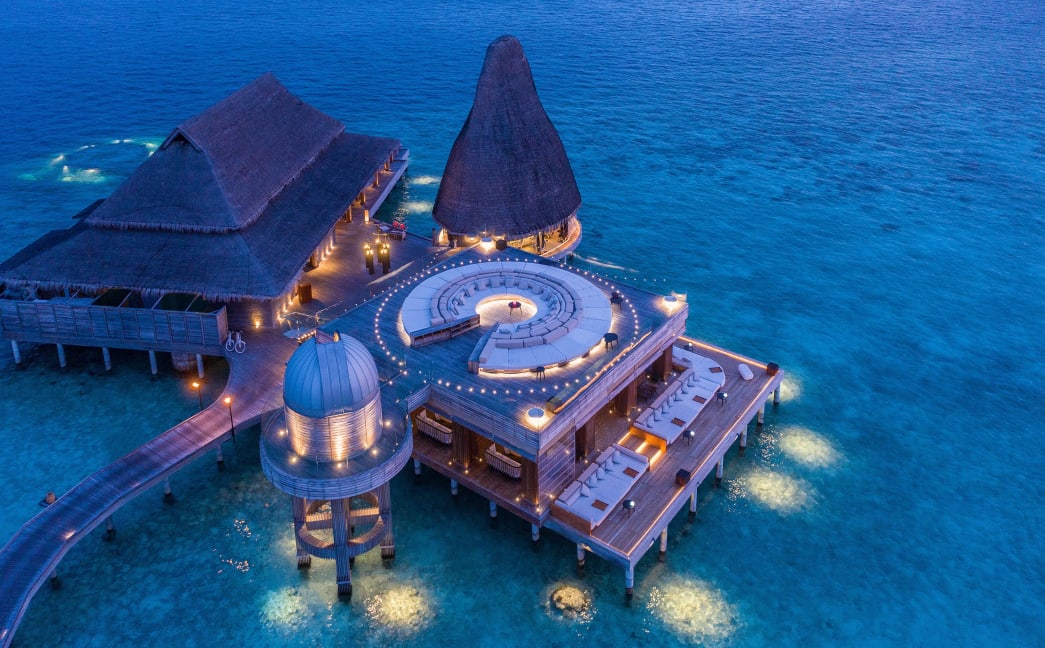 An aerial view of SKY at Anantara Kihavah Maldives Villas.