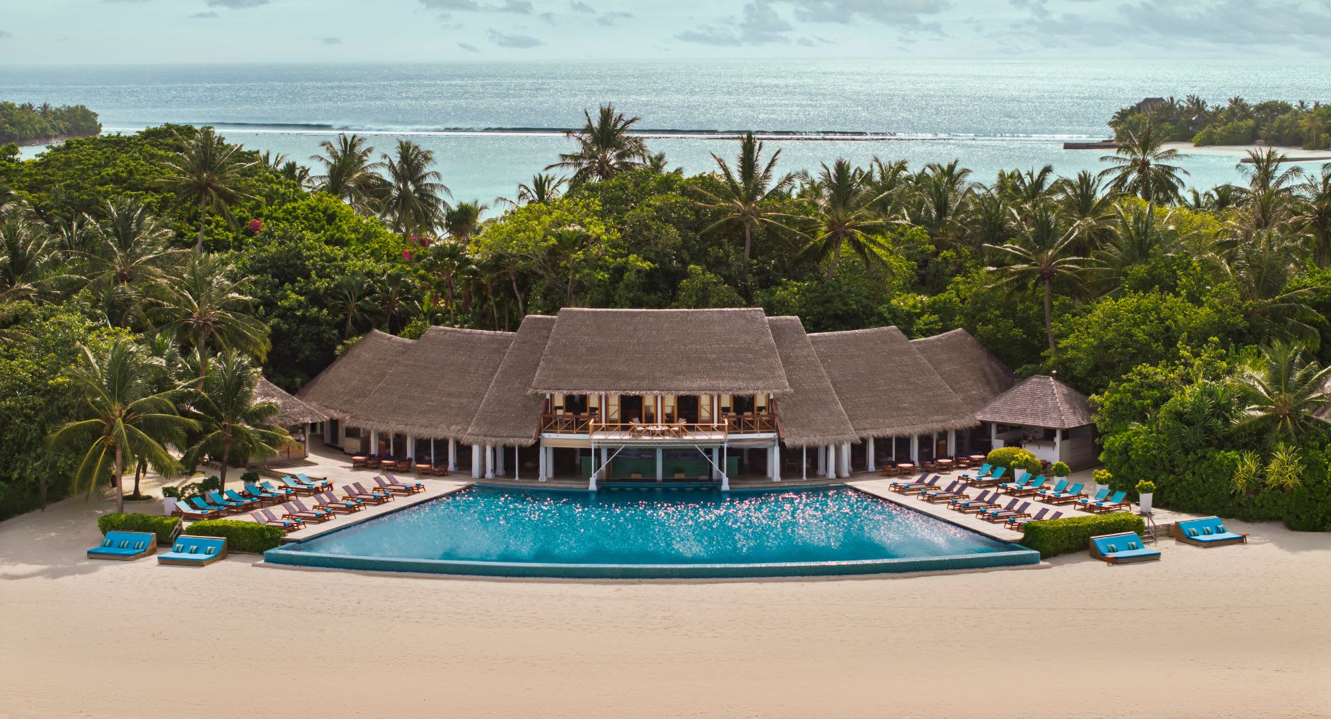 Aerial exterior deck view of the Aqua Bar at Anantara Dhigu Maldives Resort