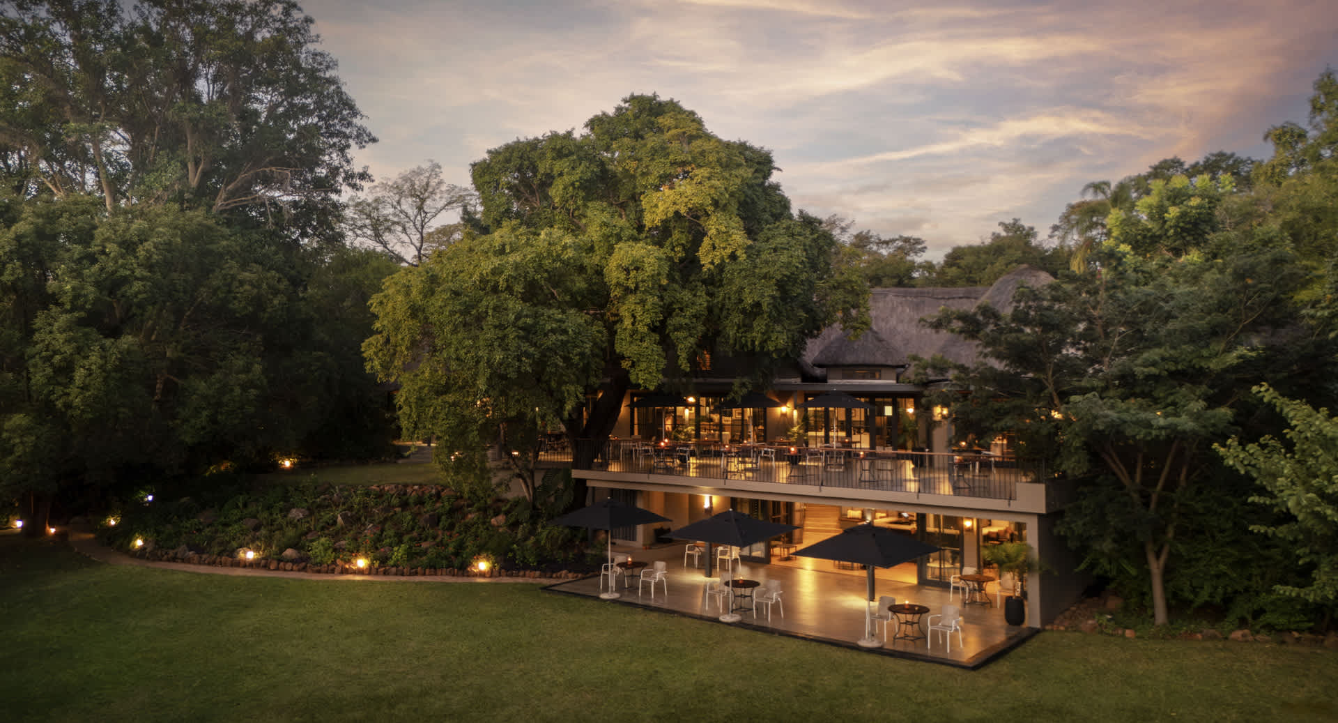 Evening Aerial view of Anantara Stanley &amp; Livingstone Victoria Falls Hotel