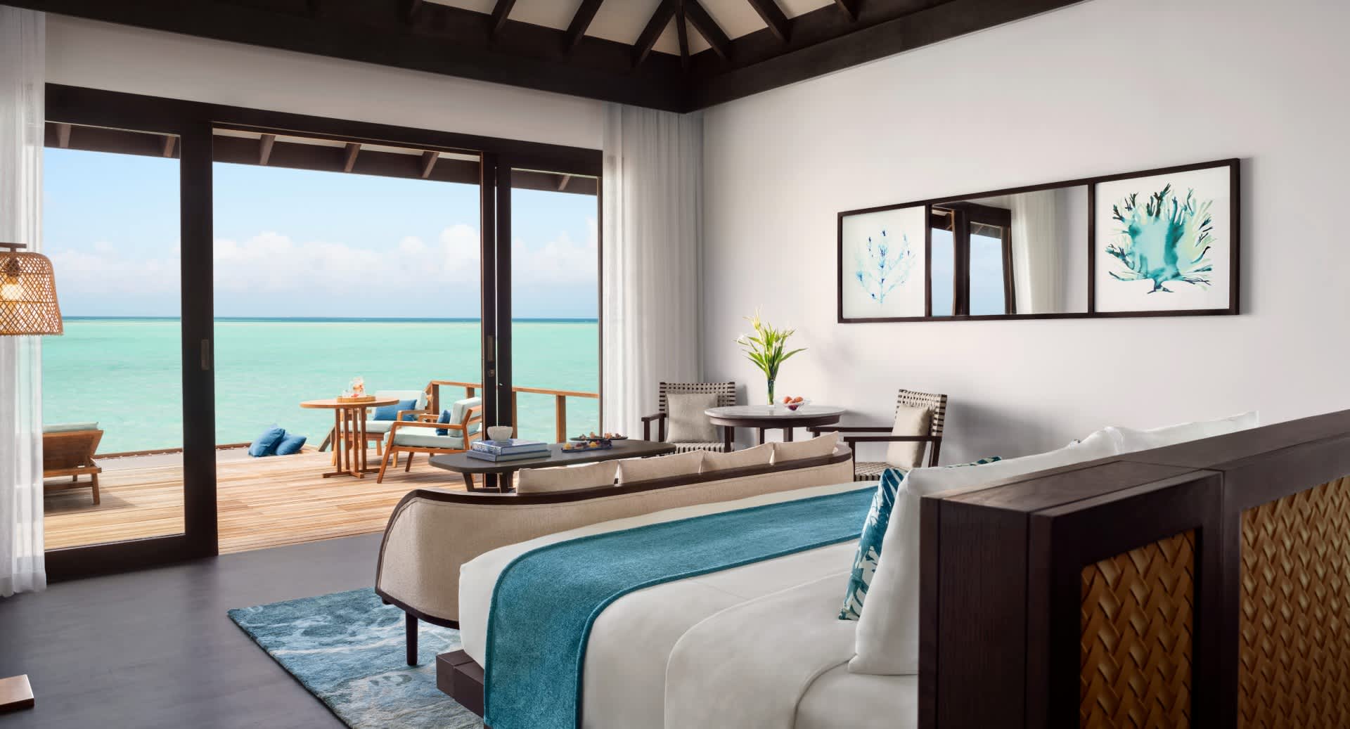 Deluxe Over Water Pool Villa bedroom at Anantara Veli Maldives Resort