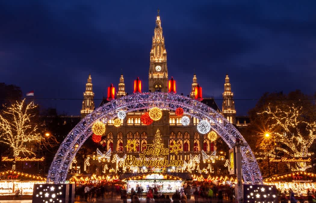 Vienna's Christkindlmarkt on Rathausplatz, overlooked by the Town Hall