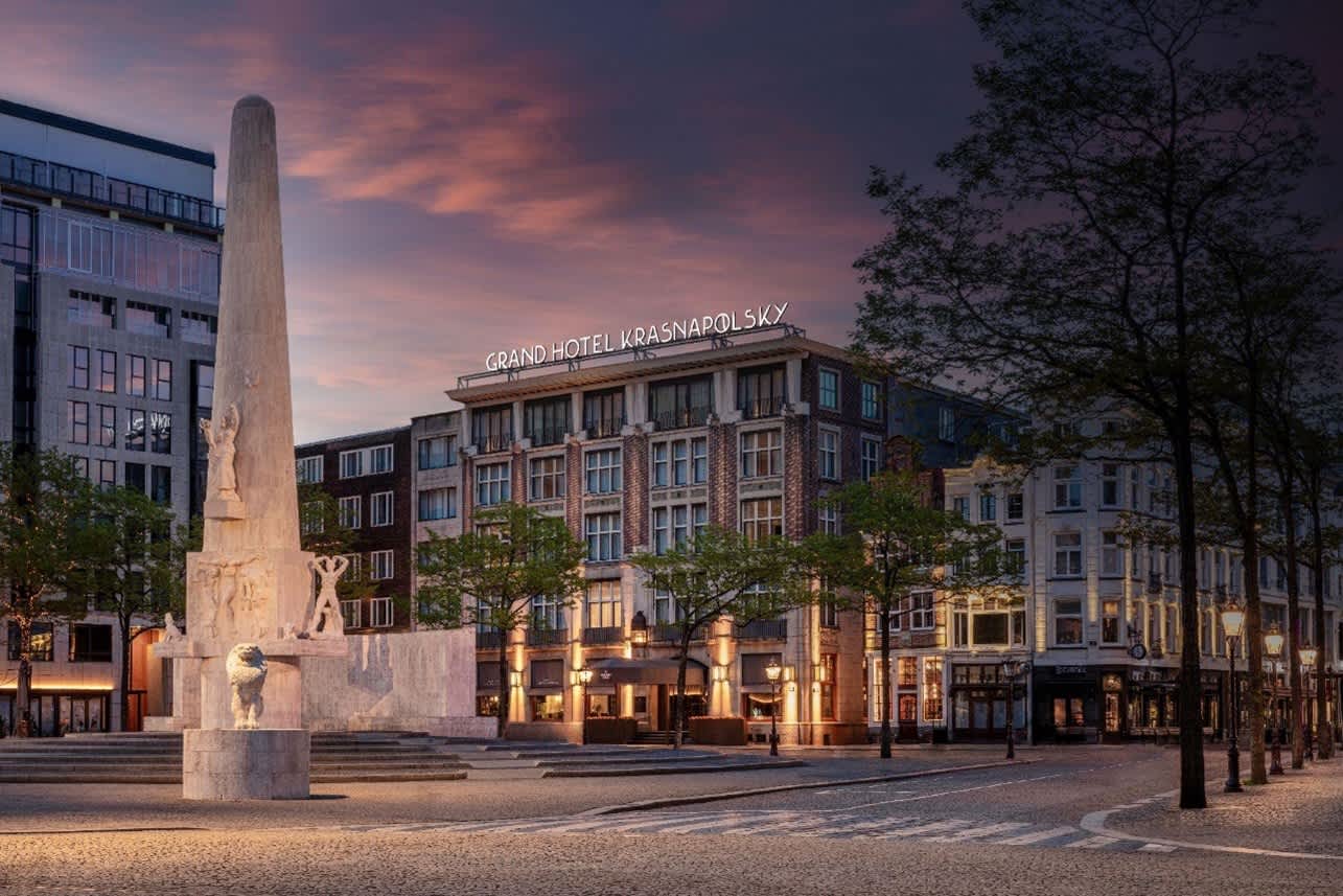 An exterior view of Anantara Grand Hotel Krasnapolsky Amsterdam.