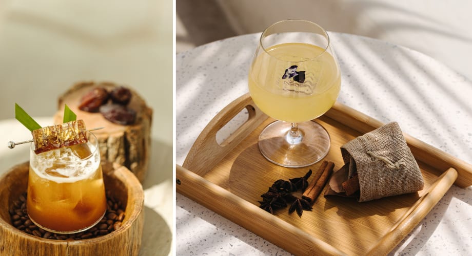 Olympus and Jewel of Jurf cocktail at Botanicals at the Bar: Anantara Santorini Abu Dhabi Retreat