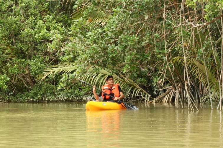 A man kayaking on the river.