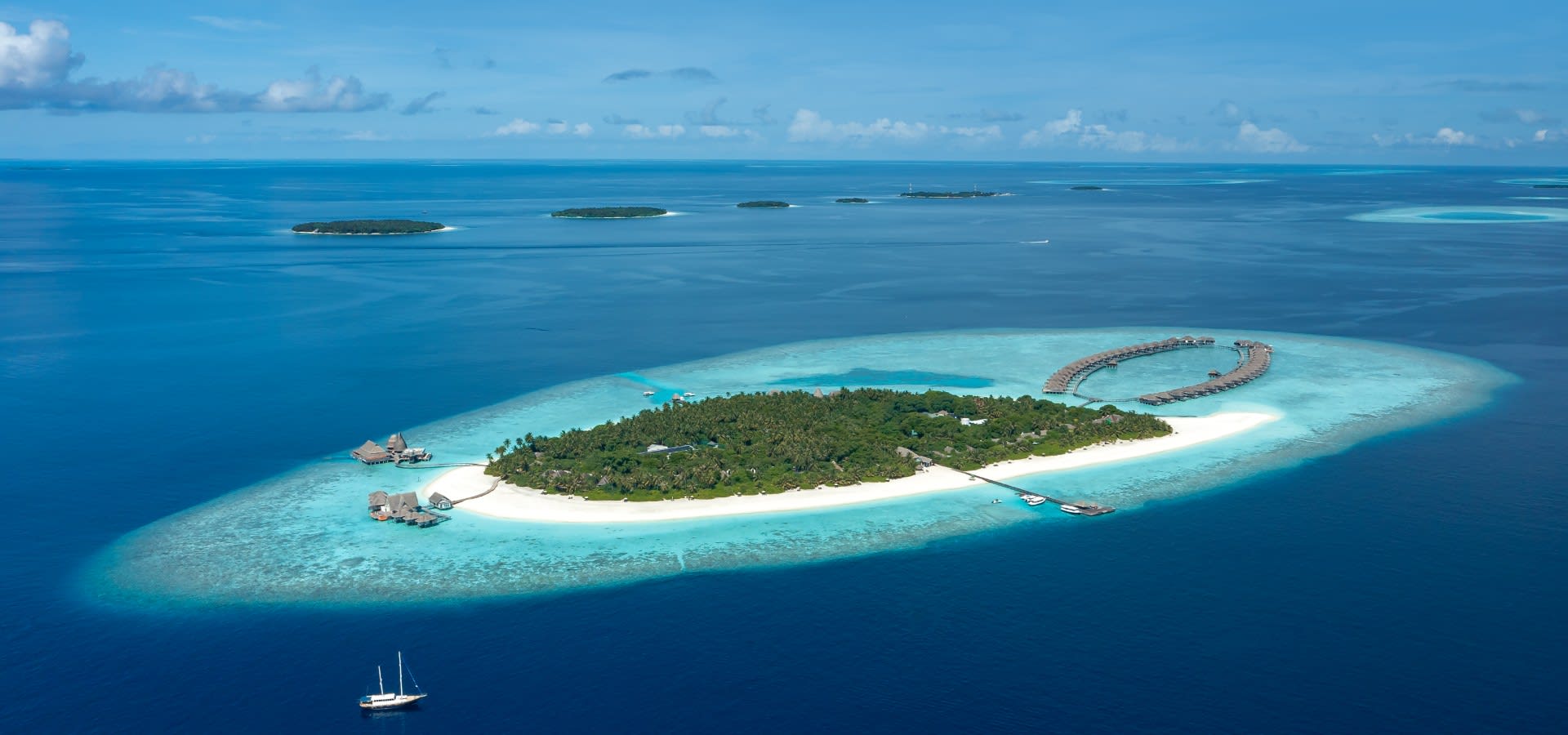 Aerial view of Anantara Kihavah Maldives Villas