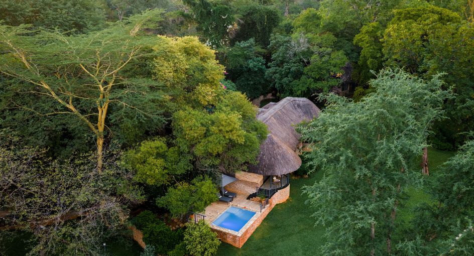 Anantara pool suite aerial view at Anantara Stanley &amp; Livingstone Victoria Falls Hotel