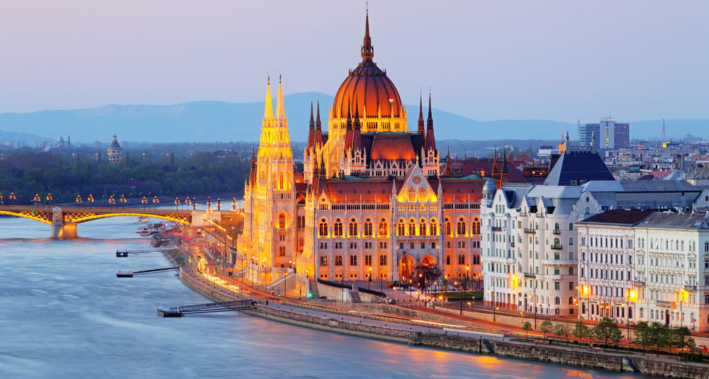 Budapest river and parliament building shot